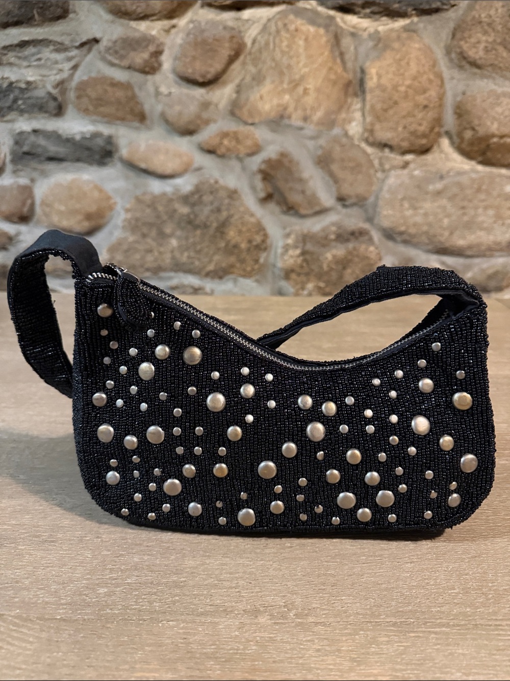 Anthropologie Black Beaded Asymmetrical Shoulder Bag gold bronze studs